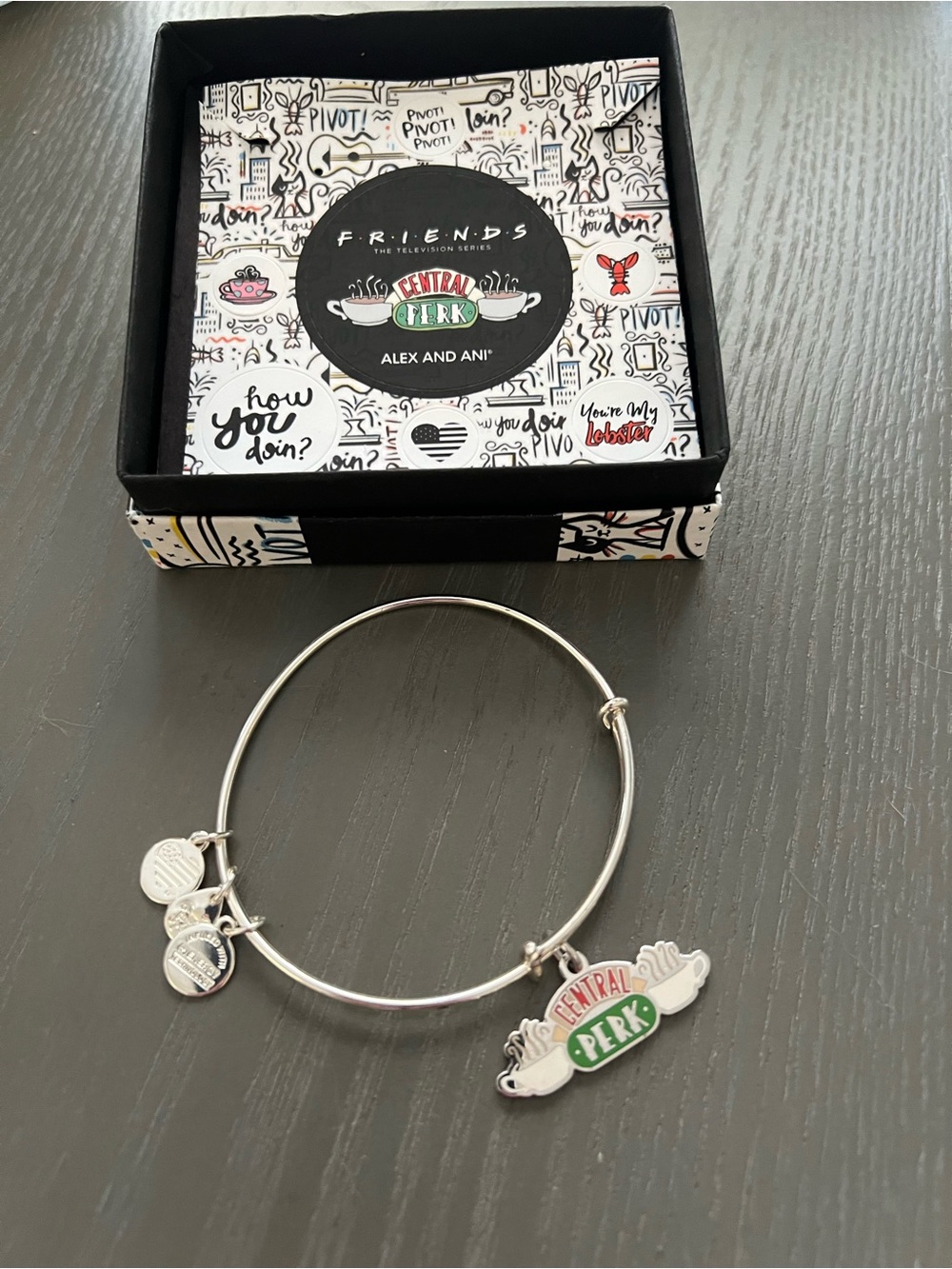 Alex and Ani Silver Tone Central Perk Charm Bangle with Green and Red Enamel